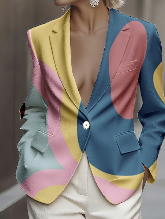 Women Office Blazer Abstract Pattern Jacket Machine Washable