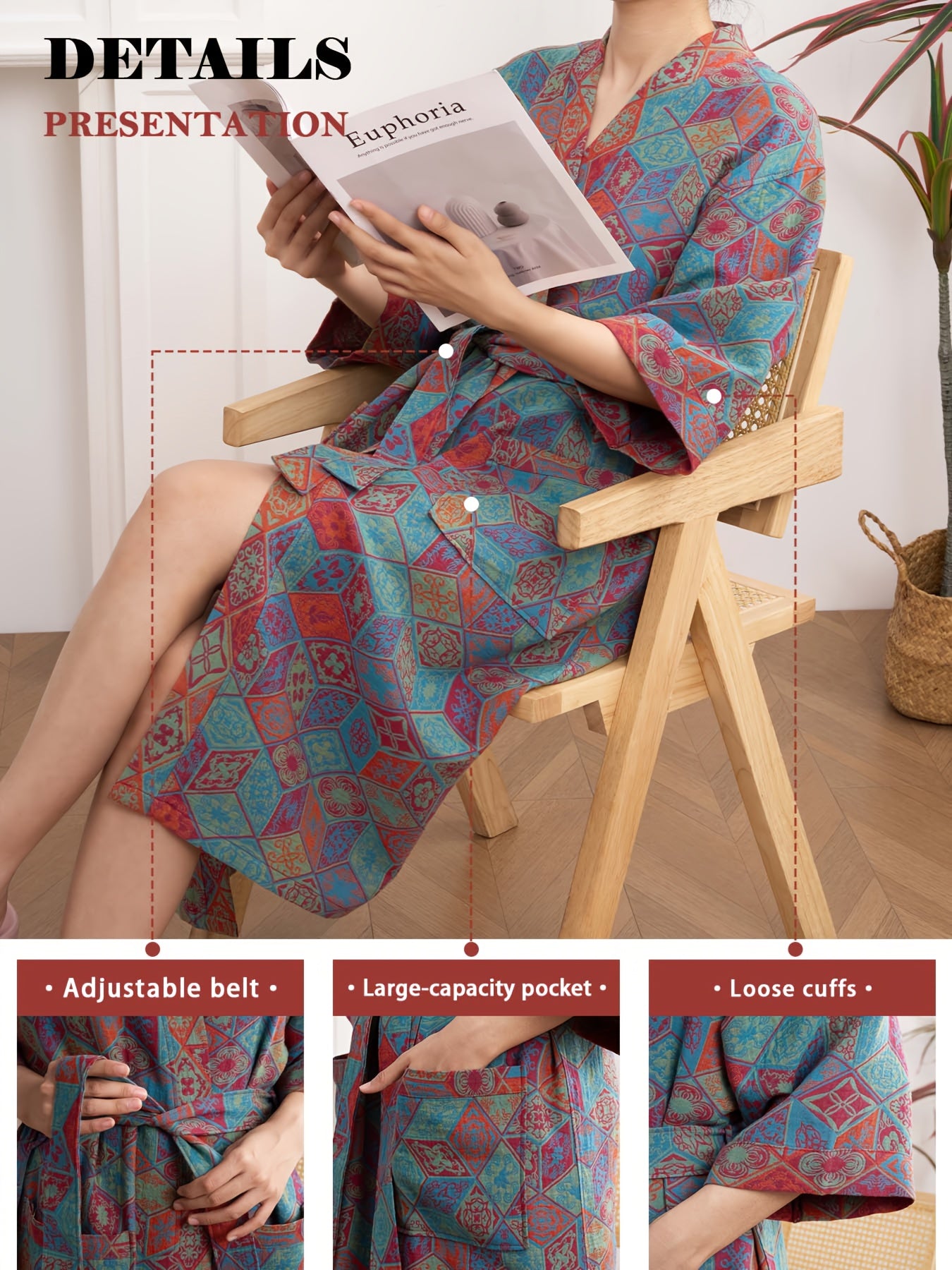 Mach Double Gauze Bathrobe With Pockets Lightweight Bohemian Floral Kimono