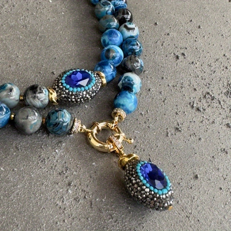 Boho Natural Stone Necklace With Golden Copper Beads Oval Pendant