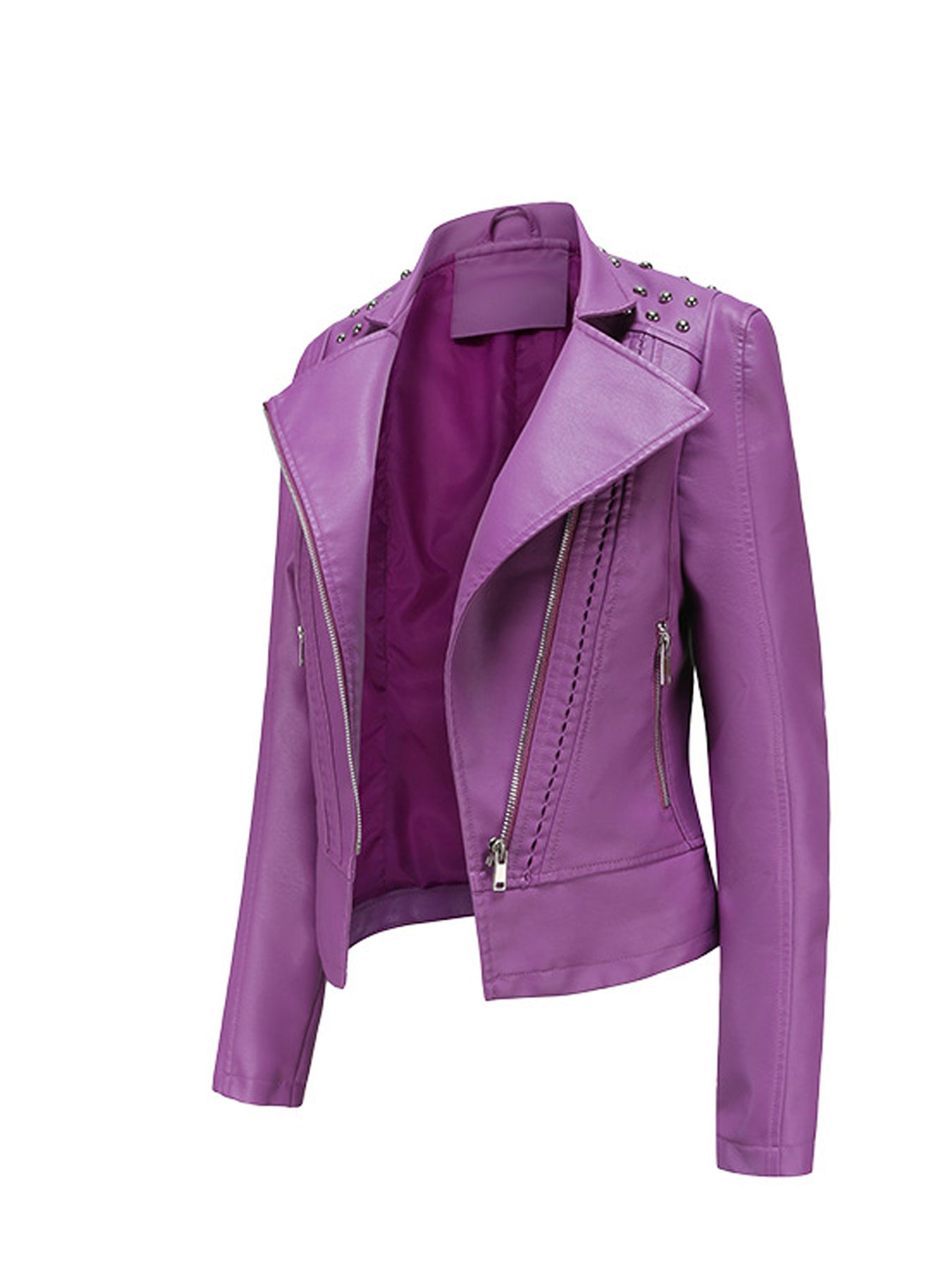 Scacto Women's Faux Leather Lapel Jacket With Beaded Studded Collar