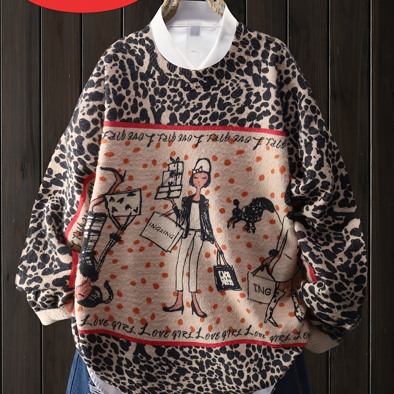 Floral Leopard Print Pullover Long Sleeve Round Neck Womens Top