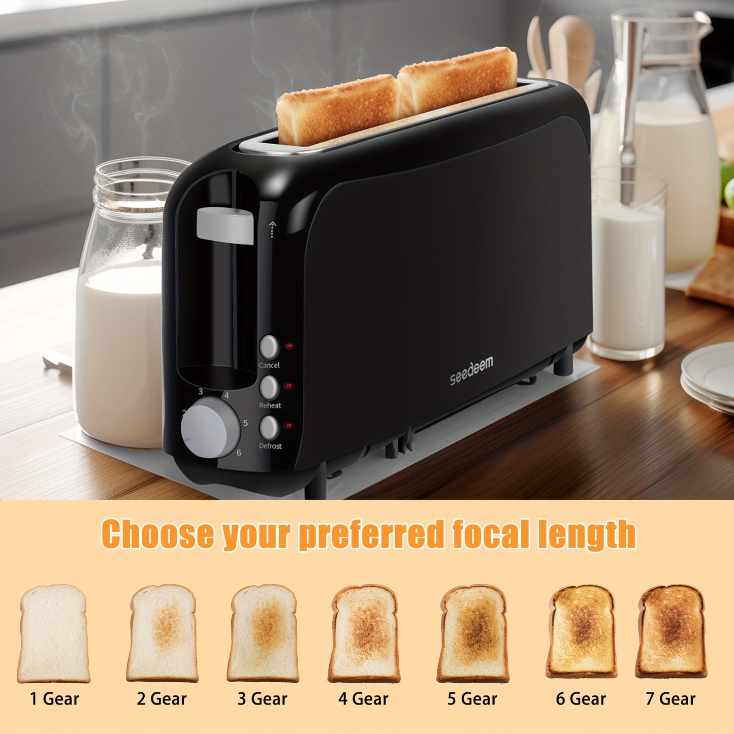 Slim 2-Slice Toaster With 6 Shade Settings Defrost Reheat Cancel Removable Crumb Tray And Compact Design