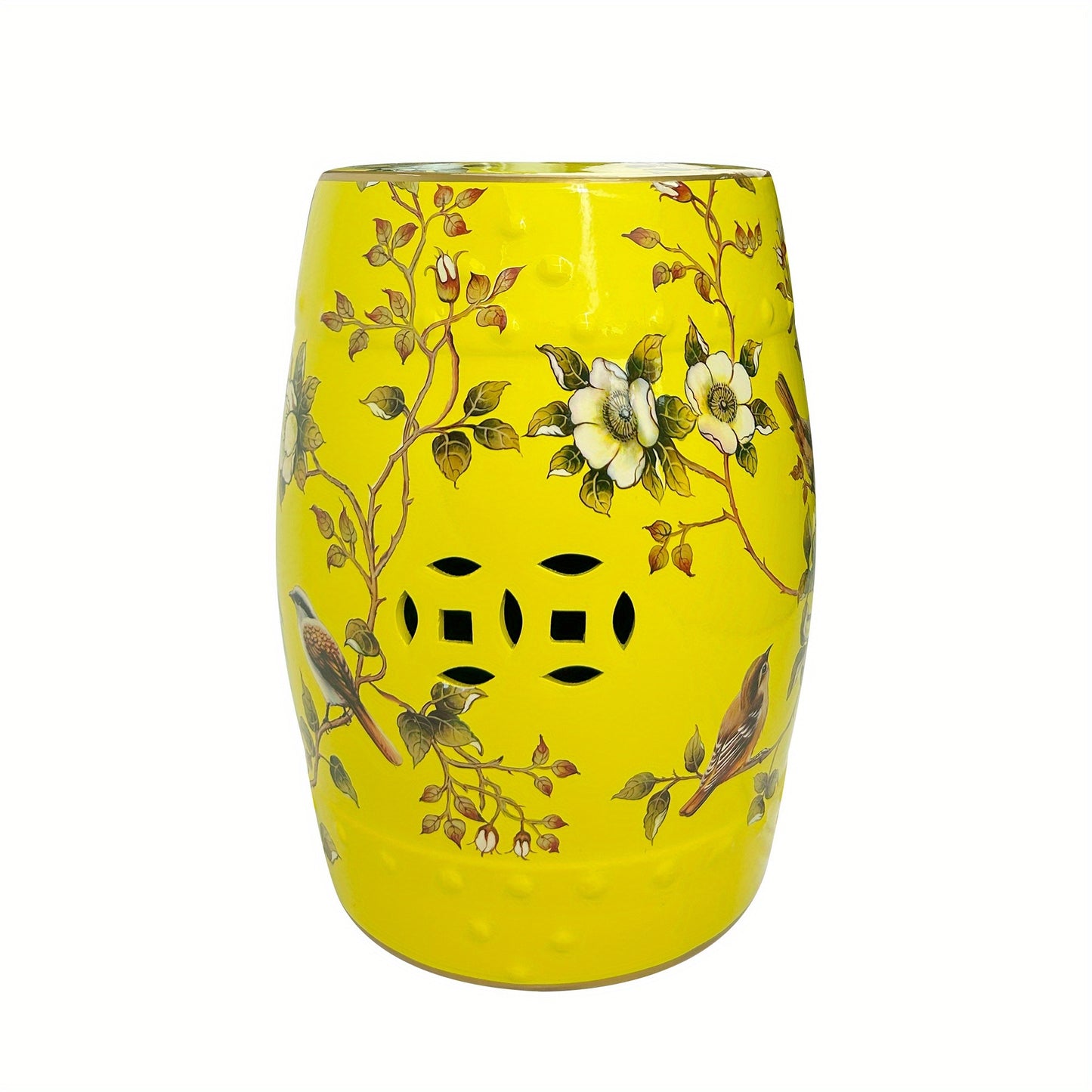 Ceramic Drum Stool Asian Classical Style Ornate Bird Blossom