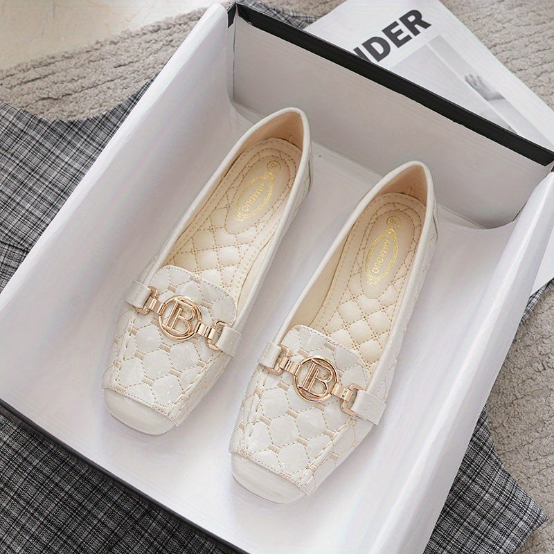 Women's Square Toe Loafers With Golden Chain Accent Quilted Flats