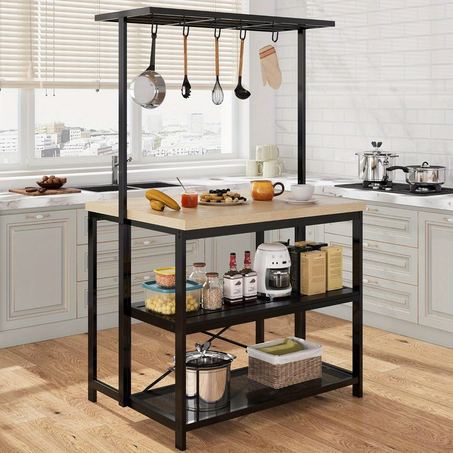 Merxeng Kitchen Island Bakers Rack With 3-Tier Storage