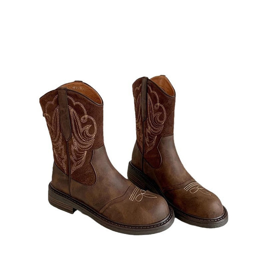 Western Cowboy Boots For Women Slip On Round Toe With Sole