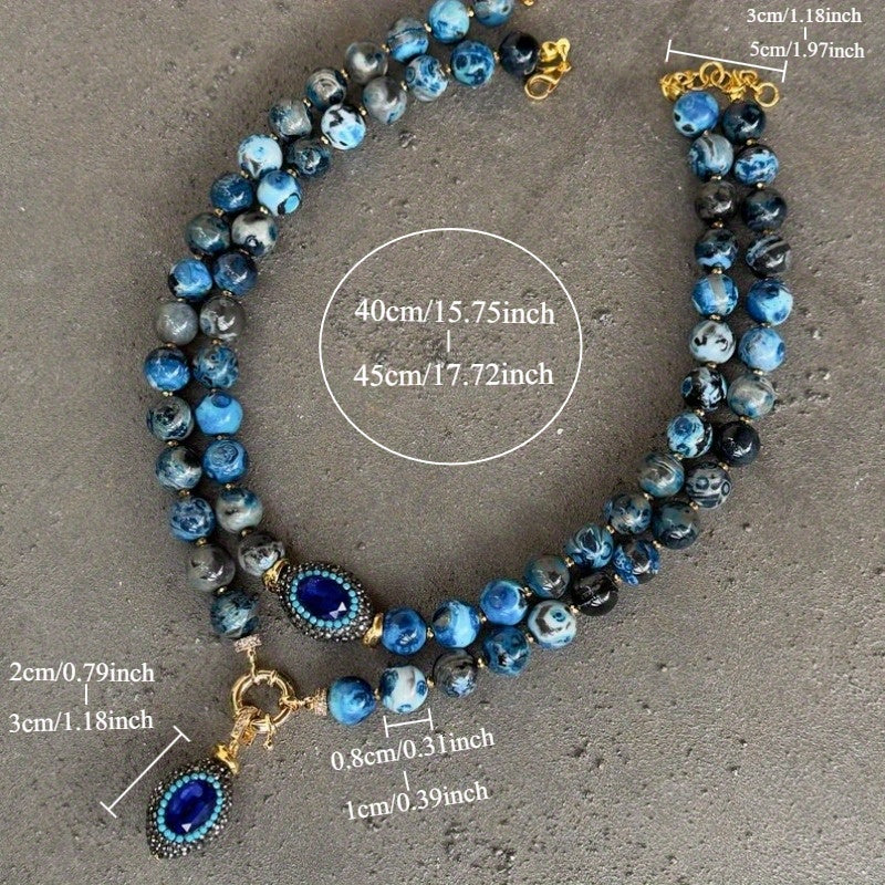 Boho Natural Stone Necklace With Golden Copper Beads Oval Pendant