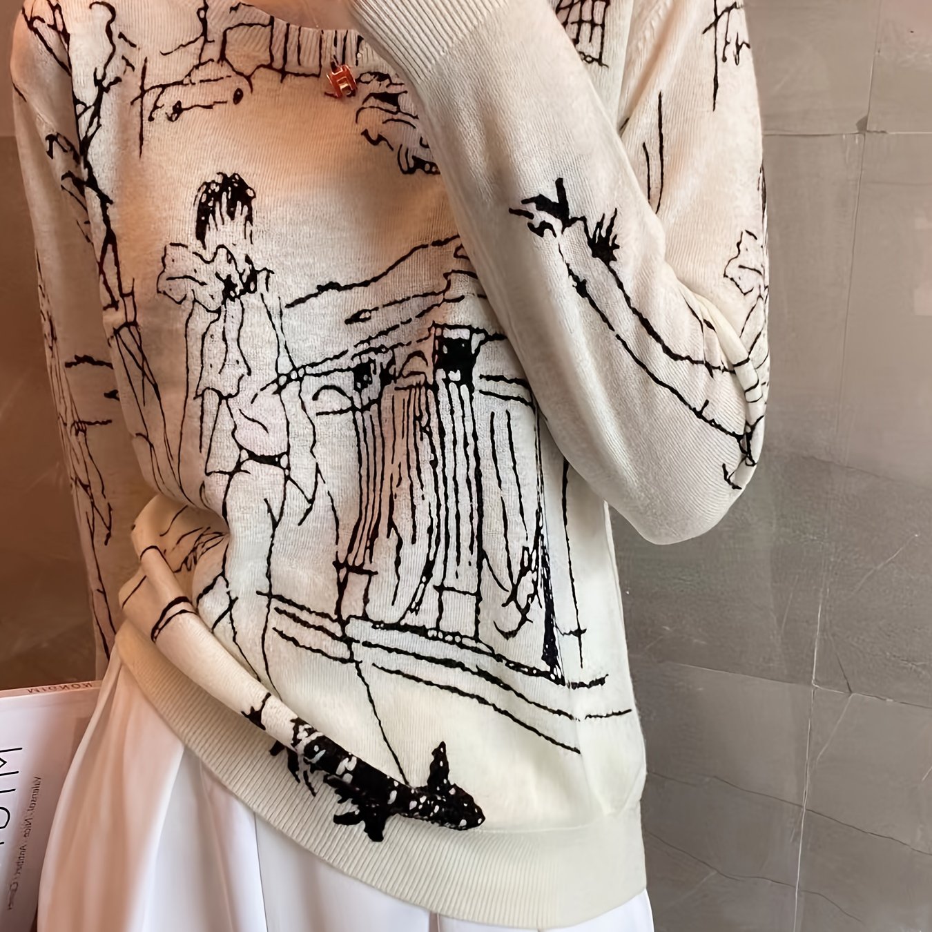 Y2K Retro Graffiti Anime Graphic Sweater Thermal Lined Long Sleeve Round Neck Pullover Casual Knit Top