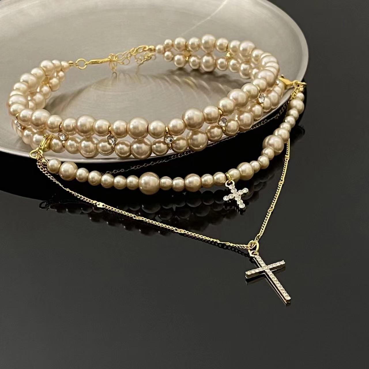 Layered Pearl Cross Pendant Necklace With Sweater Chain