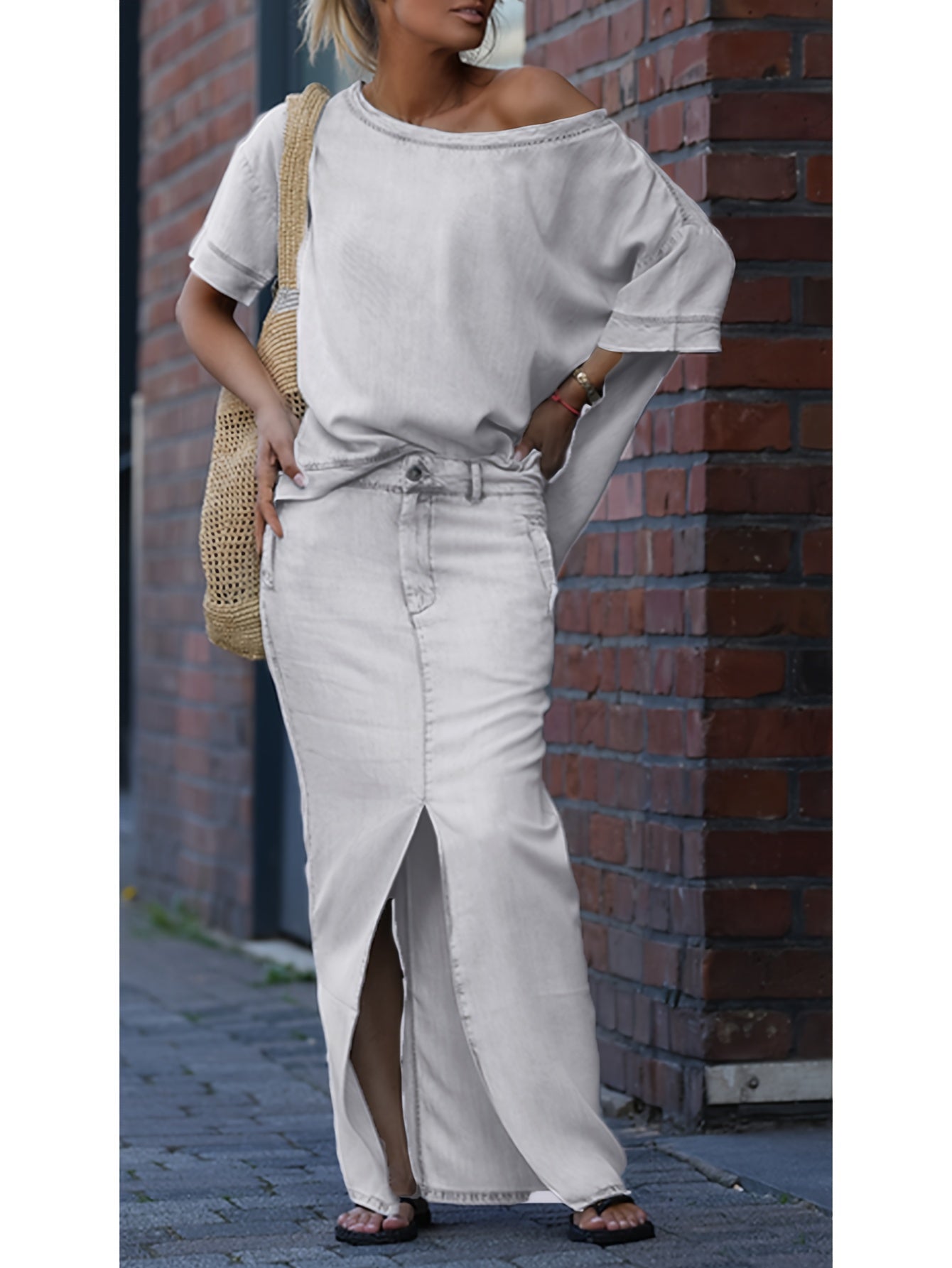 Denim Off-Shoulder Skirt Two-Piece Set For Spring Summer