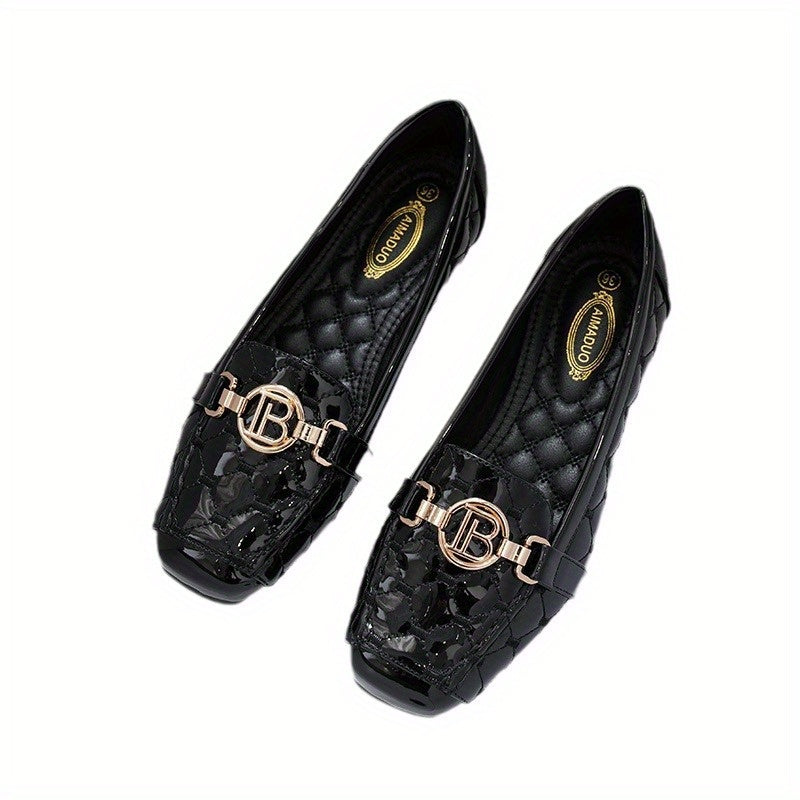 Women's Square Toe Loafers With Golden Chain Accent Quilted Flats