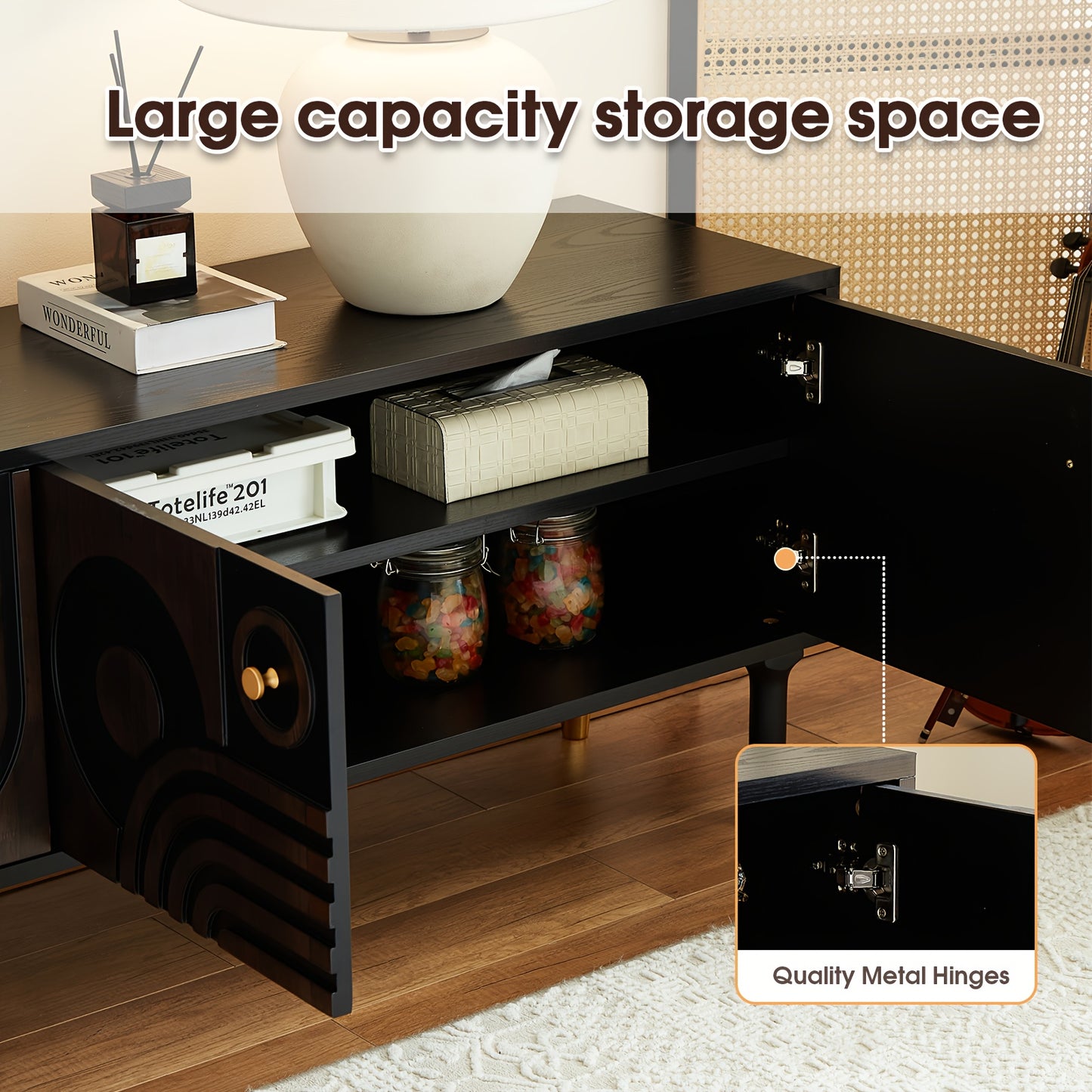 Mid Century Modern TV Stand With Four Cabinets And Wheels