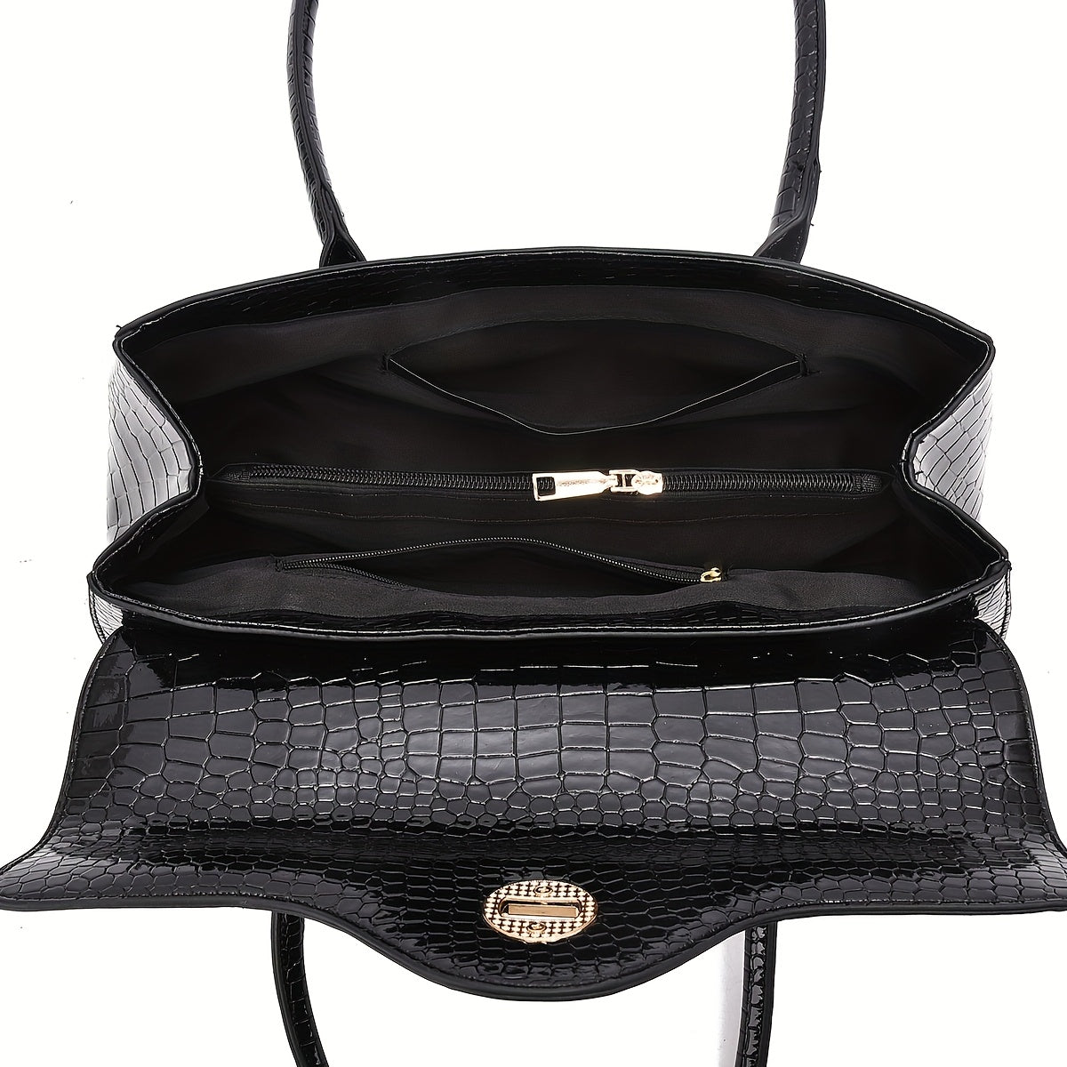 Crocodile Texture Handbag With Gold Tone Turn Lock Convertible Crossbody