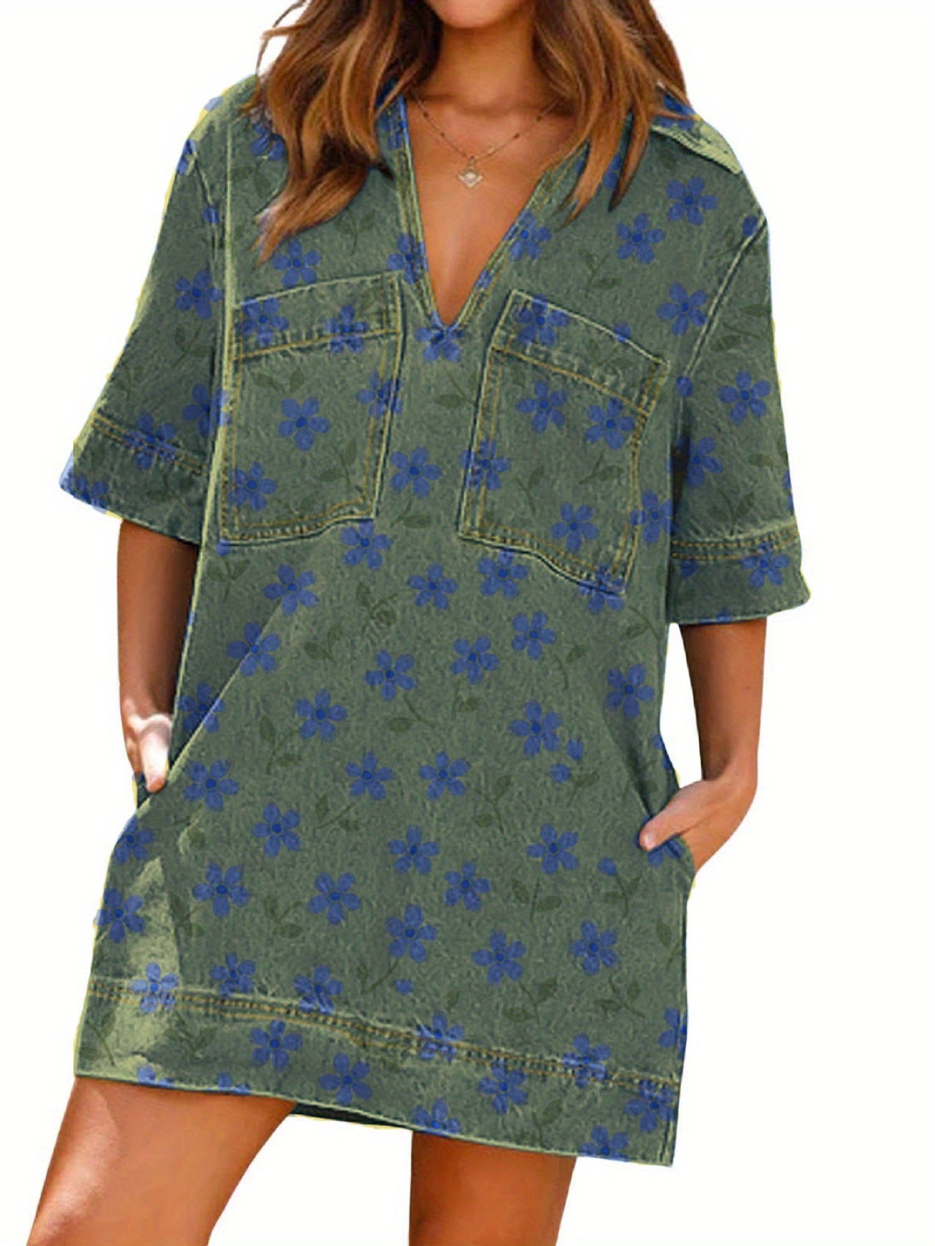 Denim Dress Floral Print Cotton Casual Summer Beachwear