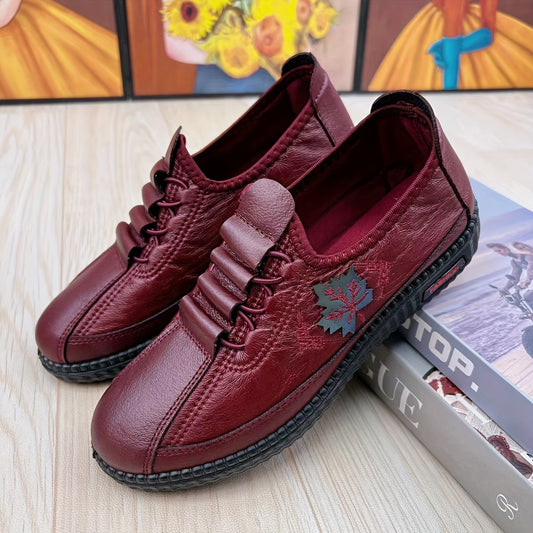 Women Genuine Loafers Non Slip Floral Pattern Lace Up Shoes