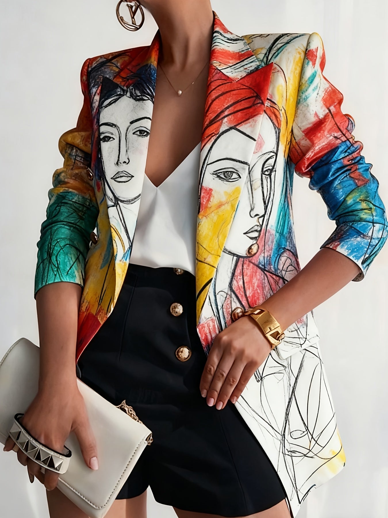 Elegant Womens Blazer Jacket With Abstract Print And Button Closure