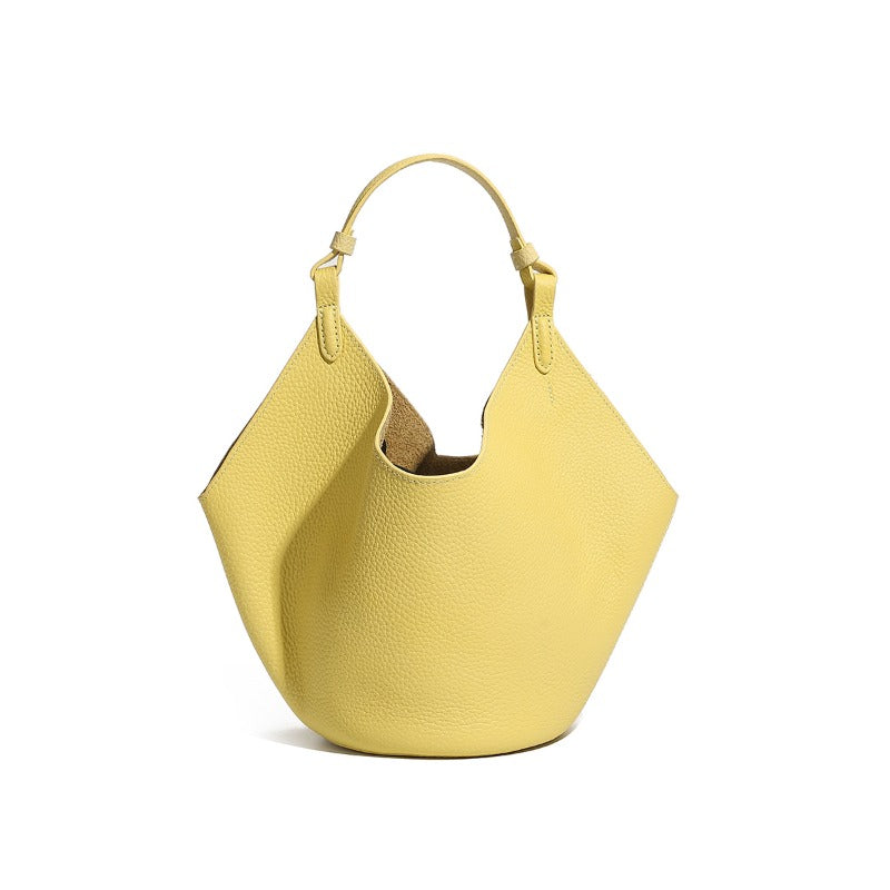 Genuine Leather Bucket Tote Bag For Women With Magnetic Closure