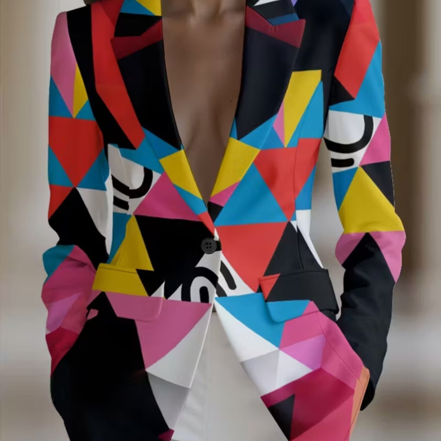 Women's Elegant All Over Print Lapel Collar Jacket With Button Closure