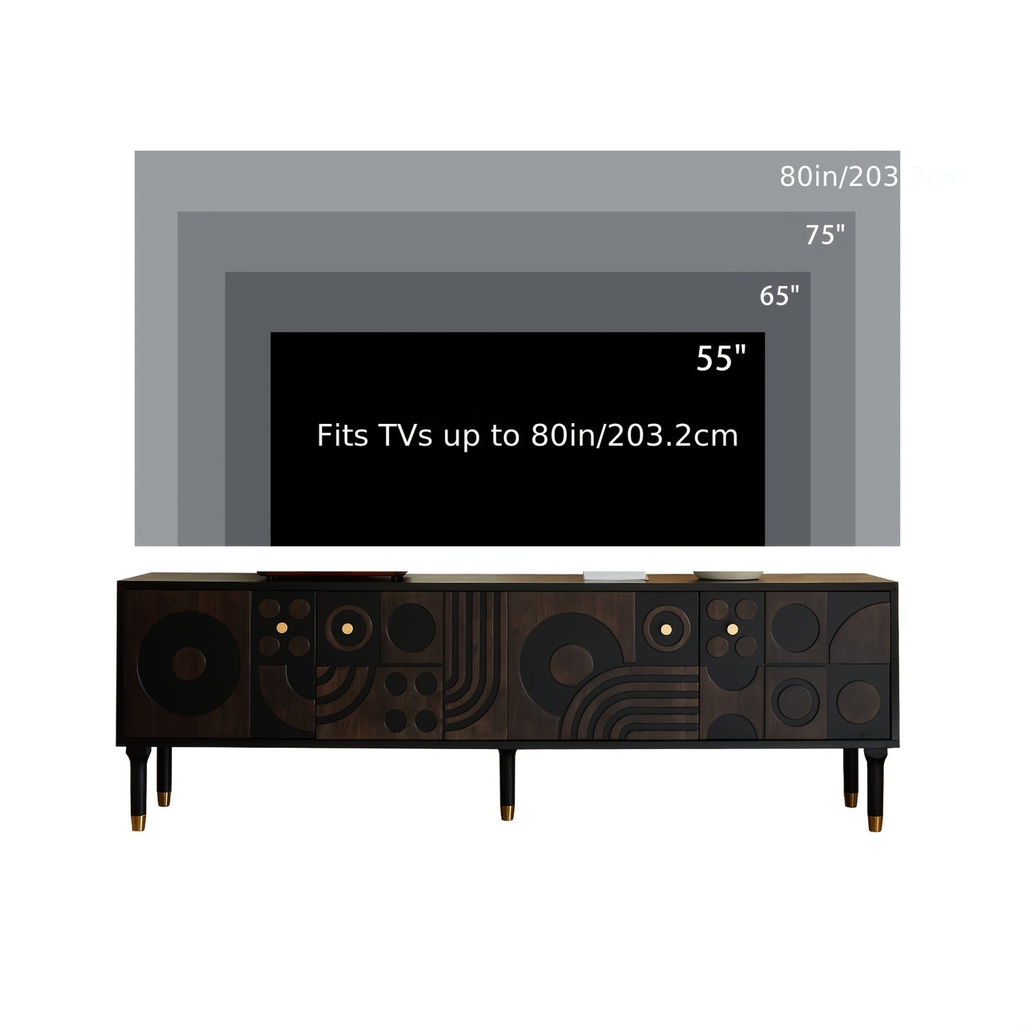 Mid Century Modern TV Stand With Four Cabinets And Wheels