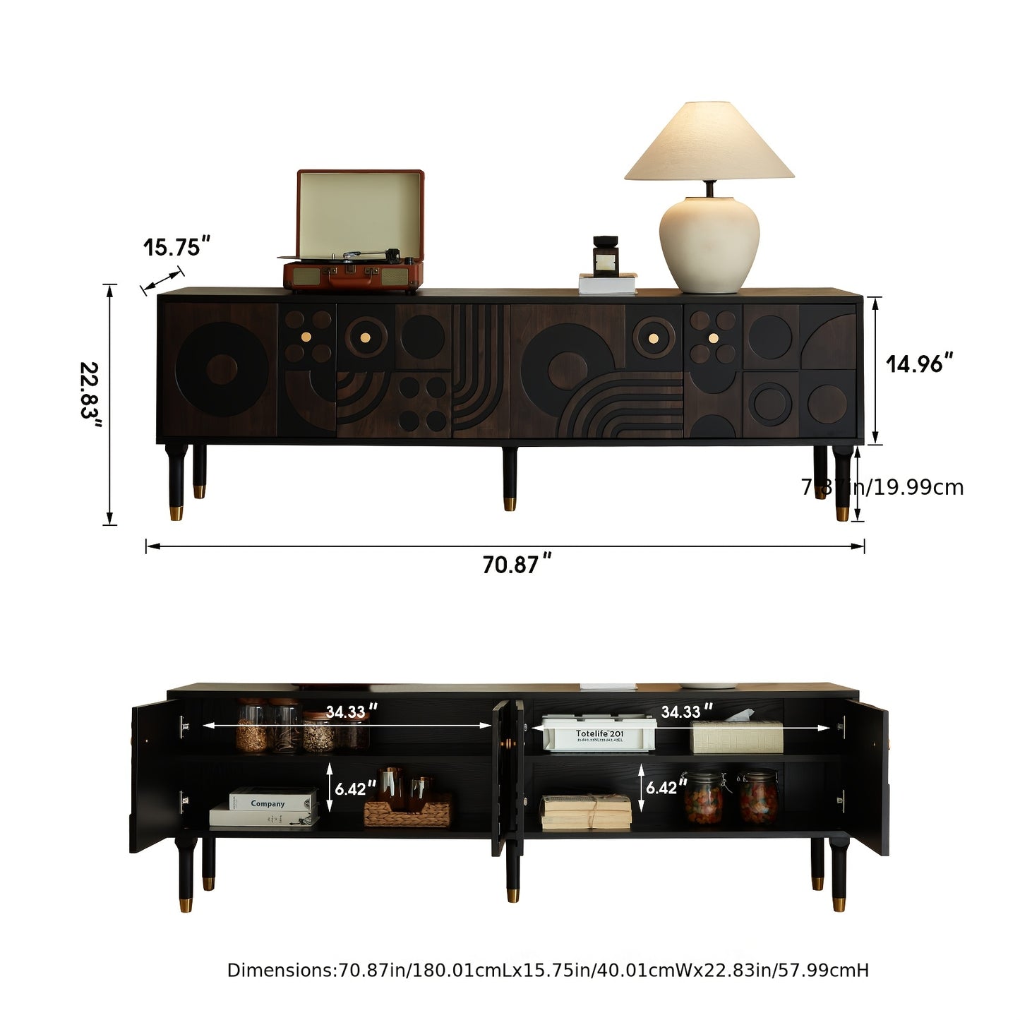 Mid Century Modern TV Stand With Four Cabinets And Wheels