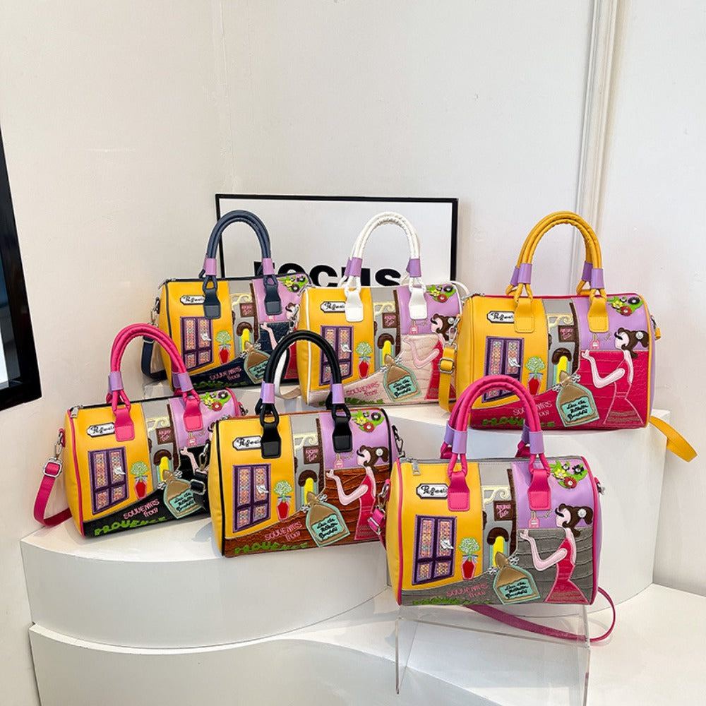 Boho Chic Boston Bag With Embroidery Patchwork Crossbody