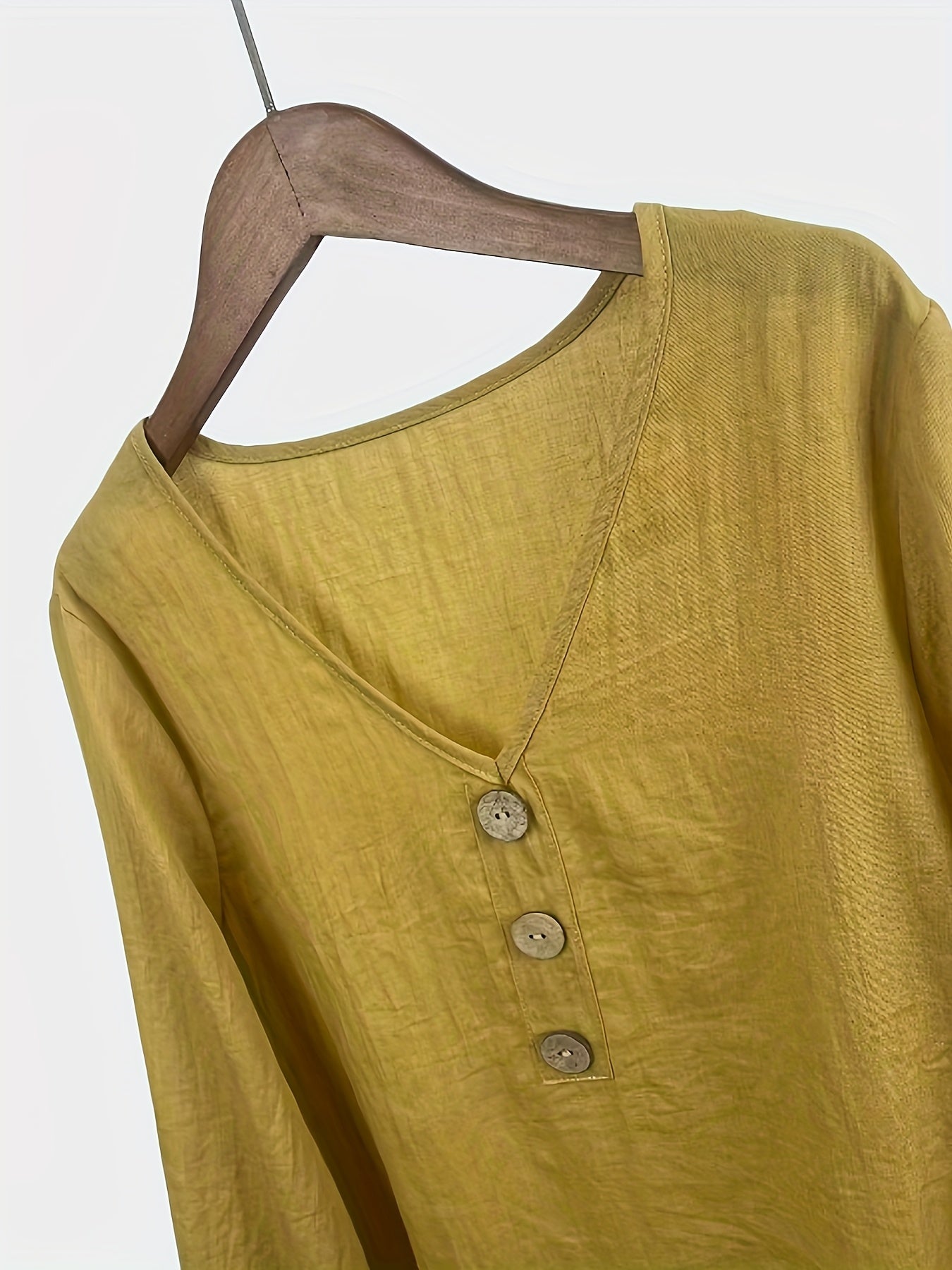Linen Long Sleeve Vneck Top For Women Button Front Blouse