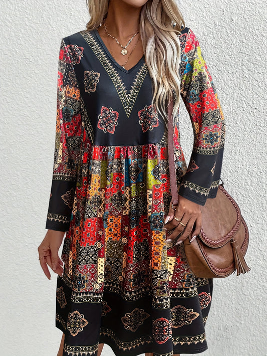 Boho Chic V Neck Dress With Tribal Embroidered Print