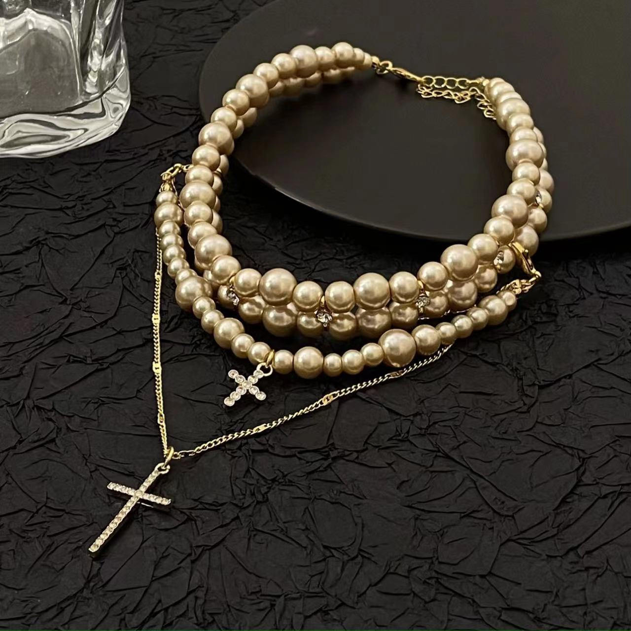 Layered Pearl Cross Pendant Necklace With Sweater Chain