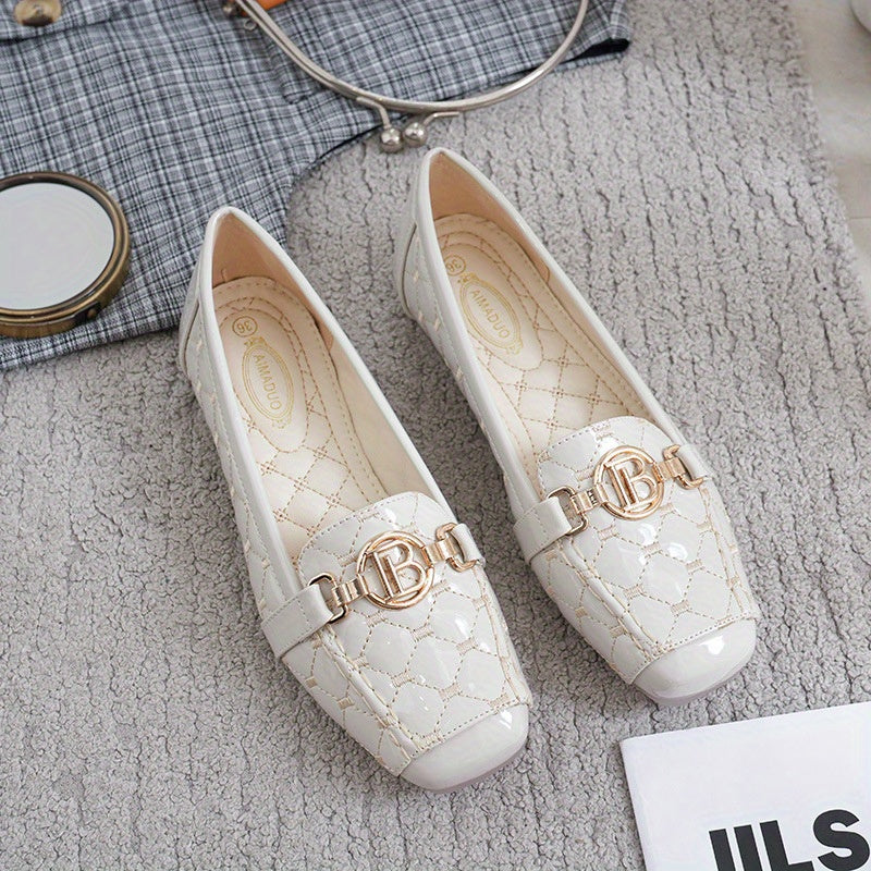 Women's Square Toe Loafers With Golden Chain Accent Quilted Flats