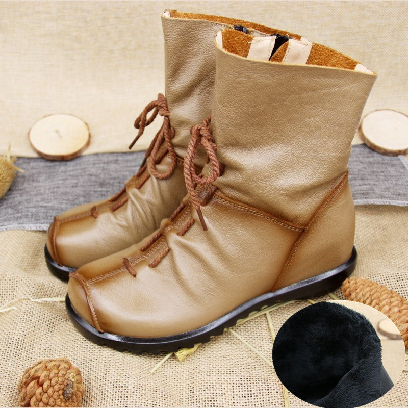 Women Genuine Leather Chunky Platform Ankle Boots Retro Lace Up Round Toe Western Style All Season Rubber Sole Zipper