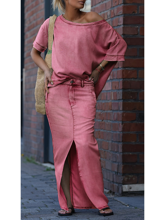 Denim Off-Shoulder Skirt Two-Piece Set For Spring Summer