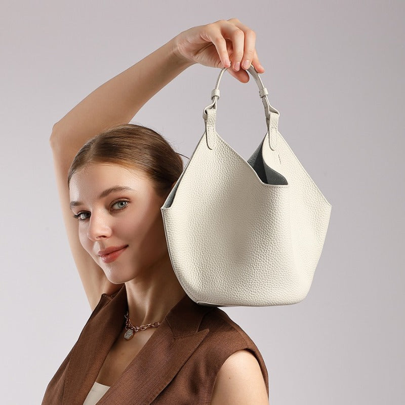 Genuine Leather Bucket Tote Bag For Women With Magnetic Closure