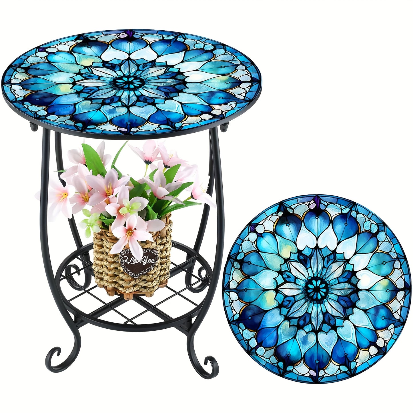 GOTFLYO Round Multifunctional End Table With Storage Shelf And Scroll Accent Easy Assembly