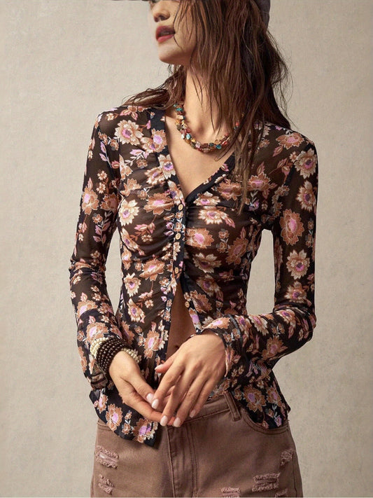 SCACTO Floral Print V Neck Shirt For Everyday Casual Wear