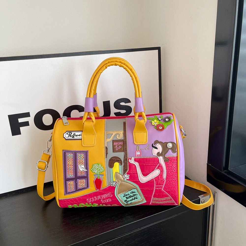 Boho Chic Boston Bag With Embroidery Patchwork Crossbody