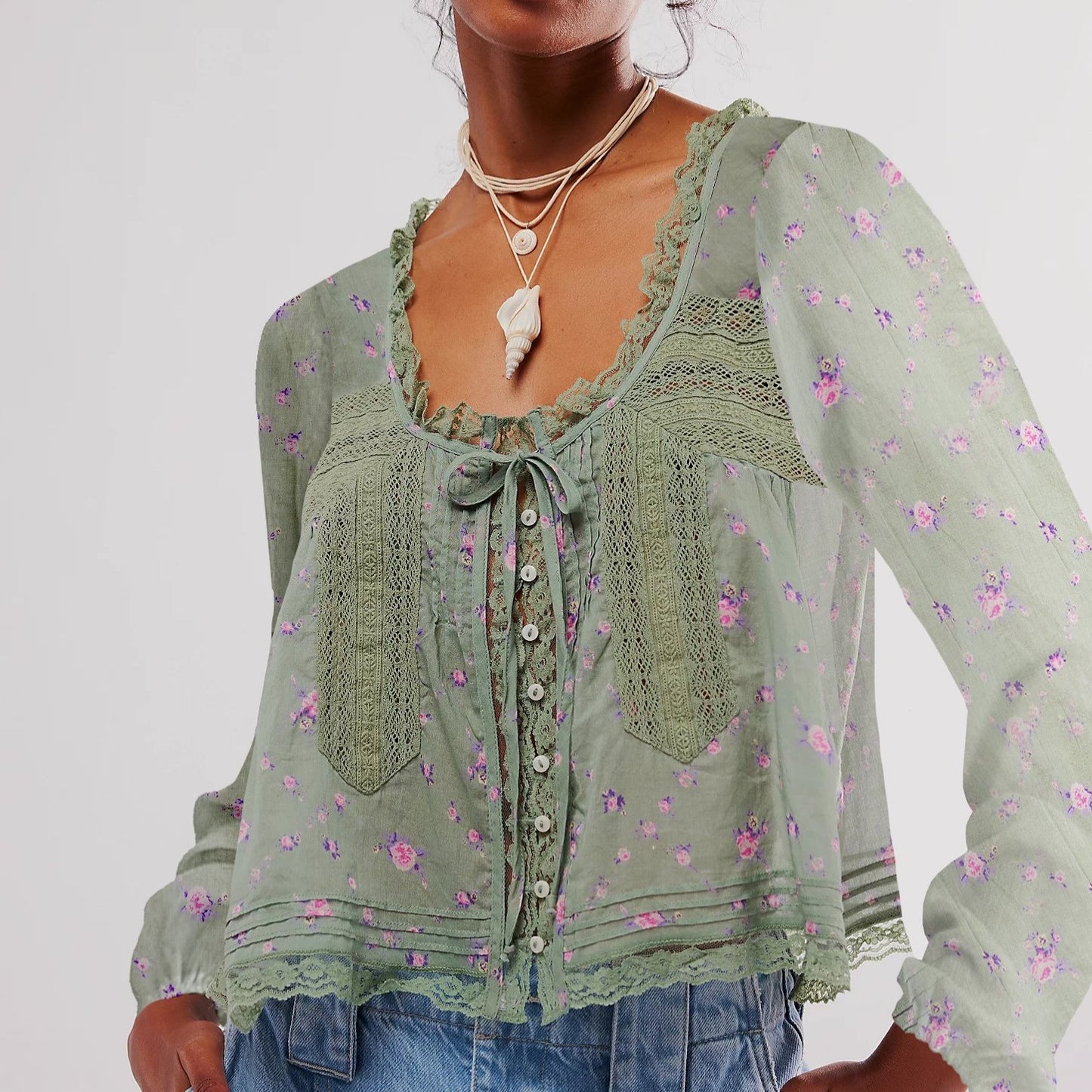 Cotton V Neck Lace Blouse With Braided Detail And Cutout Long Sleeve