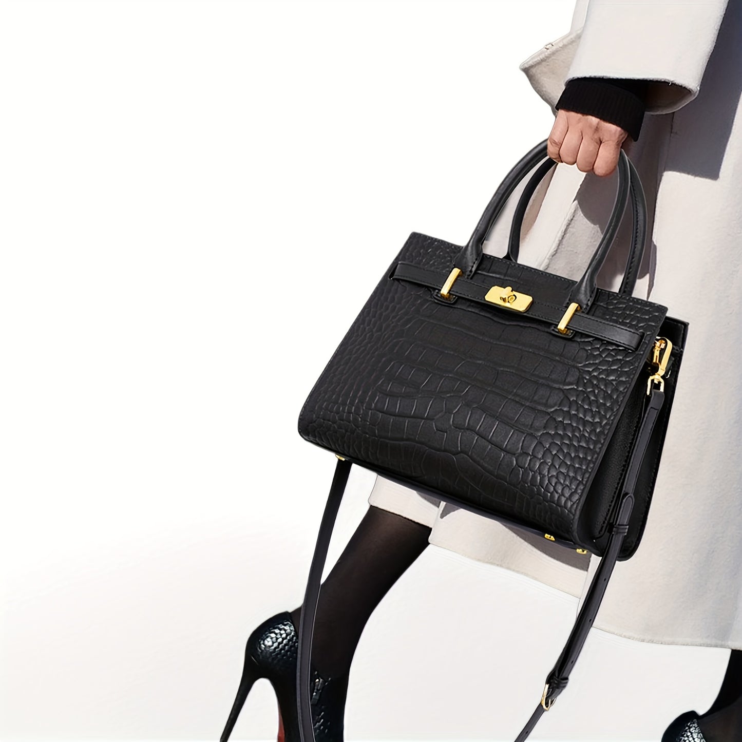 Crocodile-Texture Leather Handbag With Detachable Strap And Zipper