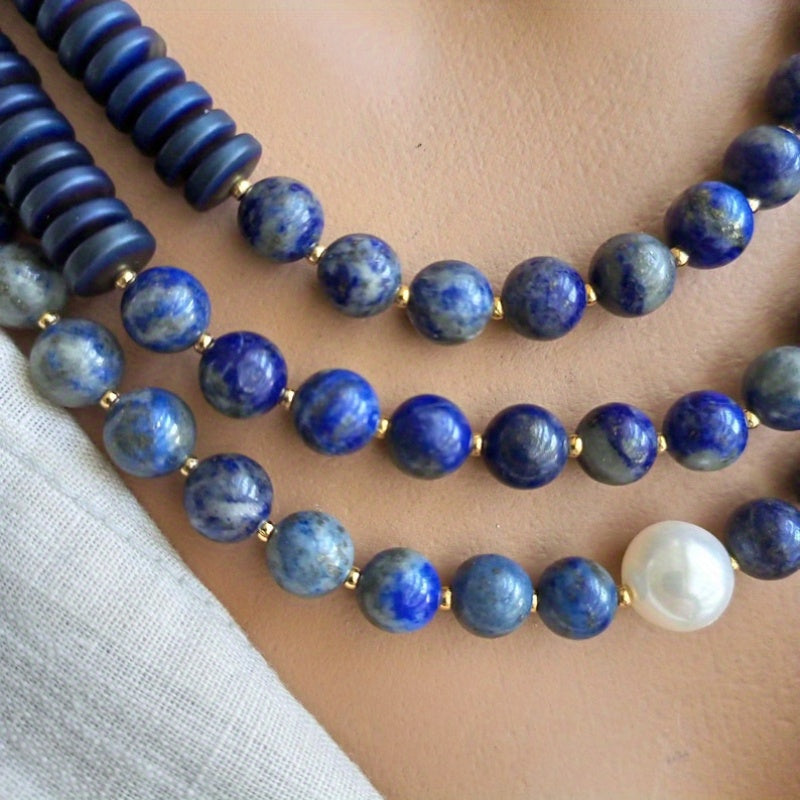 Elegant Freshwater Pearl And Lapis Beaded Necklace Women