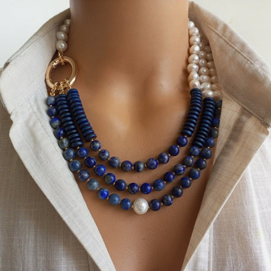 Elegant Freshwater Pearl And Lapis Beaded Necklace Women