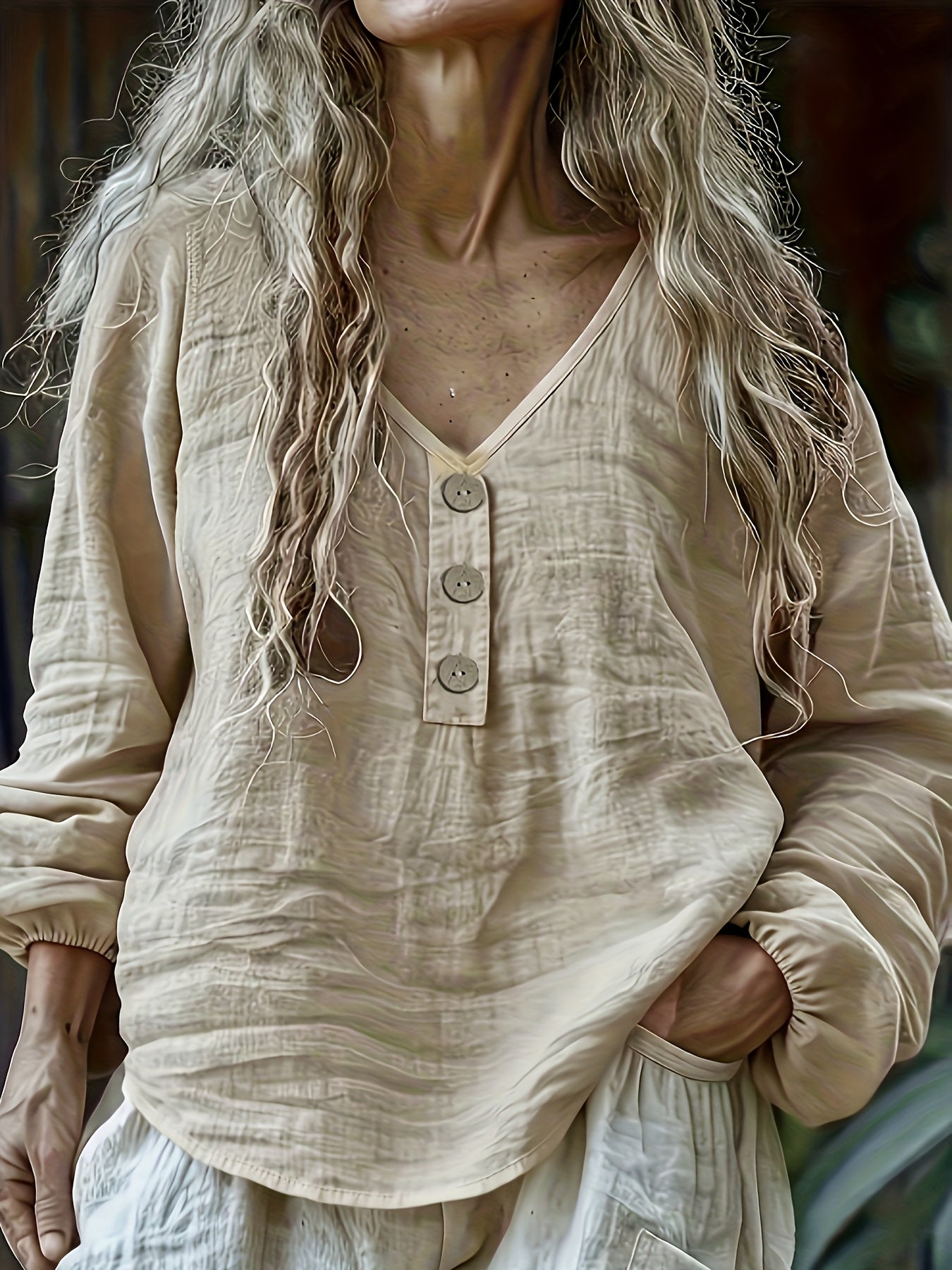 Linen Long Sleeve Vneck Top For Women Button Front Blouse