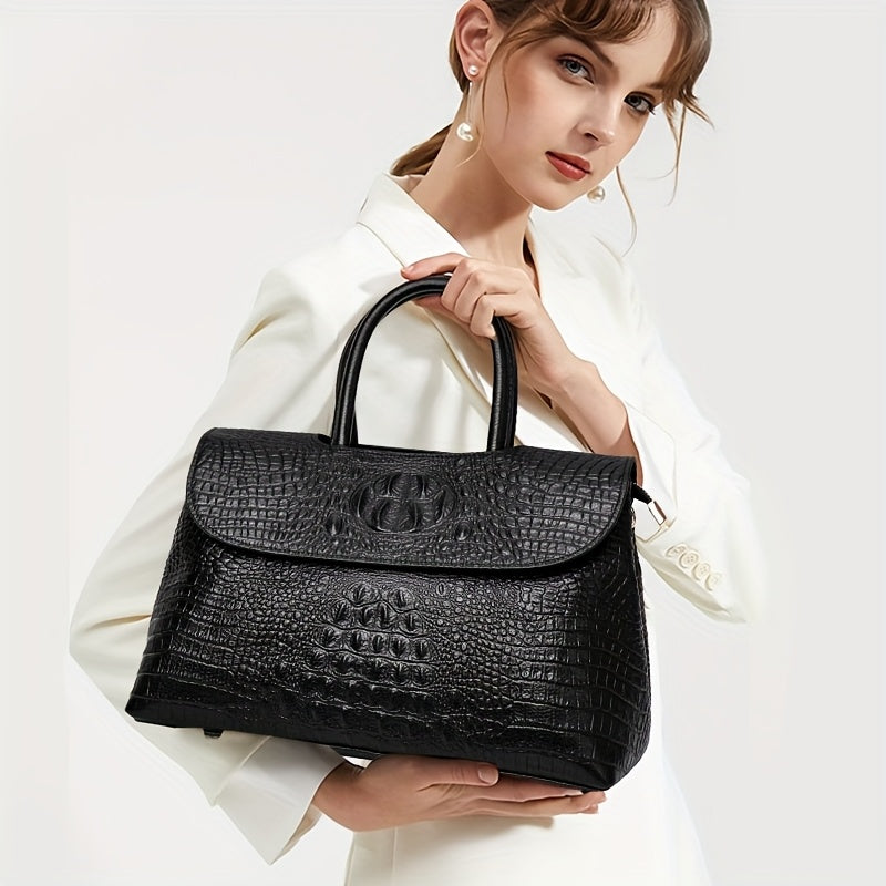 Luxury Crocodile Embossed Leather Handbag Tote With Buckle Closure