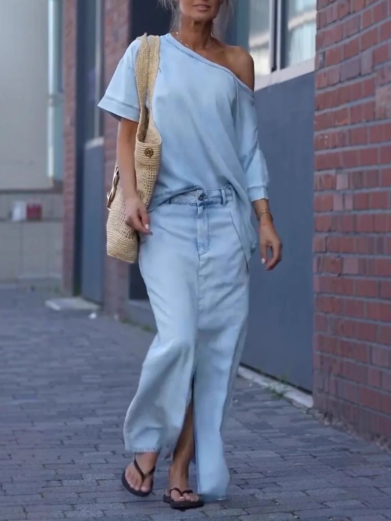 Denim Off-Shoulder Skirt Two-Piece Set For Spring Summer