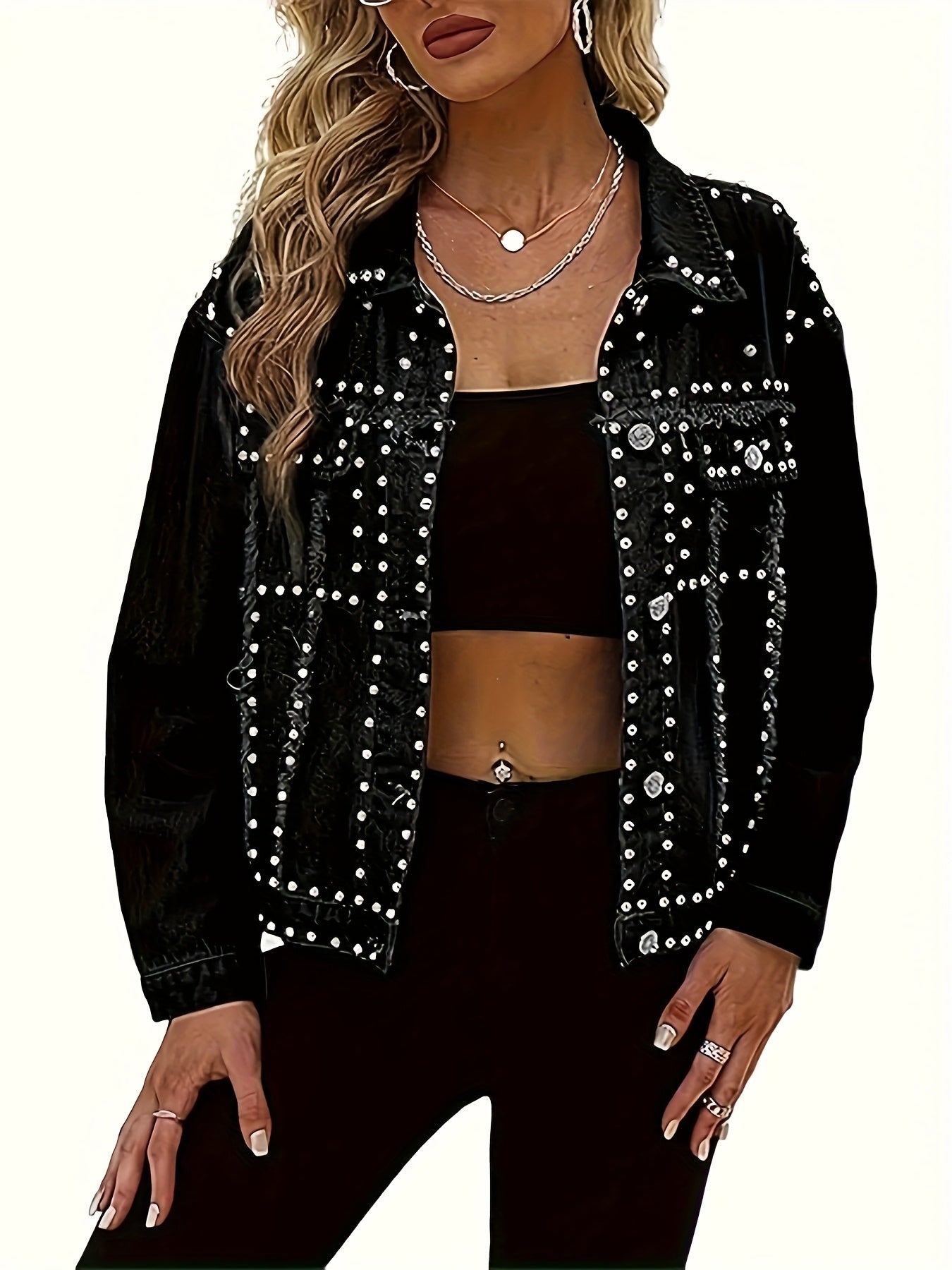 HMEC Studded Denim Jacket Women Biker Style Non Stretch