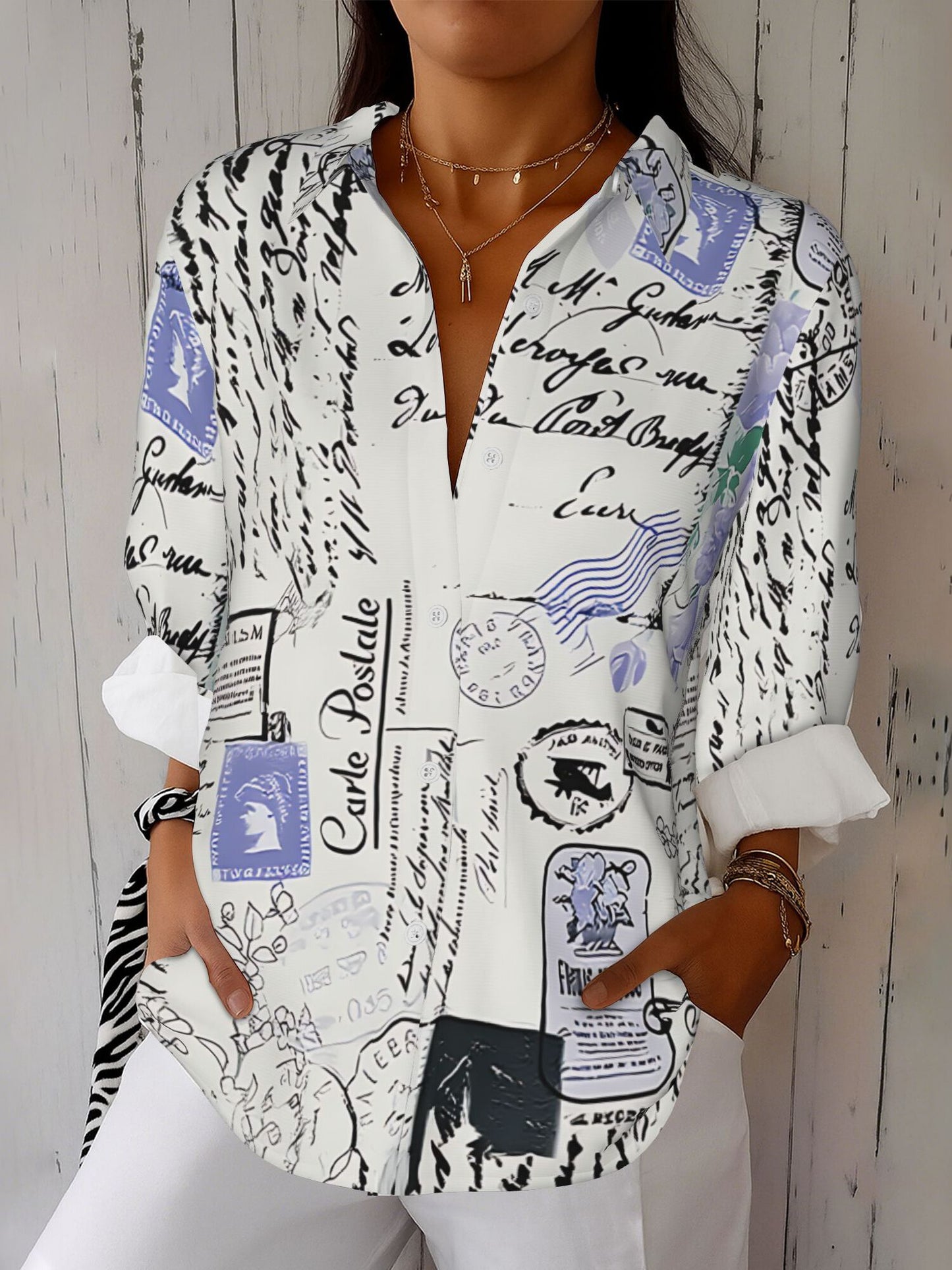 Women's French Inspired Postal Stamp Print Shirt Jacket Blouse