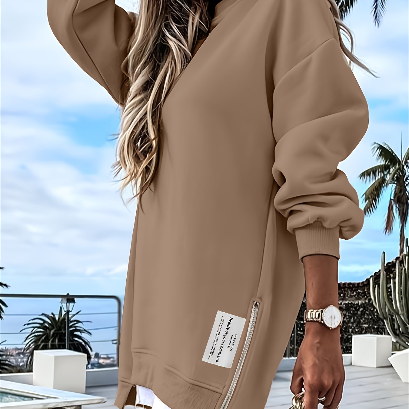 Chicme Zipper Embellished Crew Neck Sweatdress Polyester Blend Modern Casual Women Dress