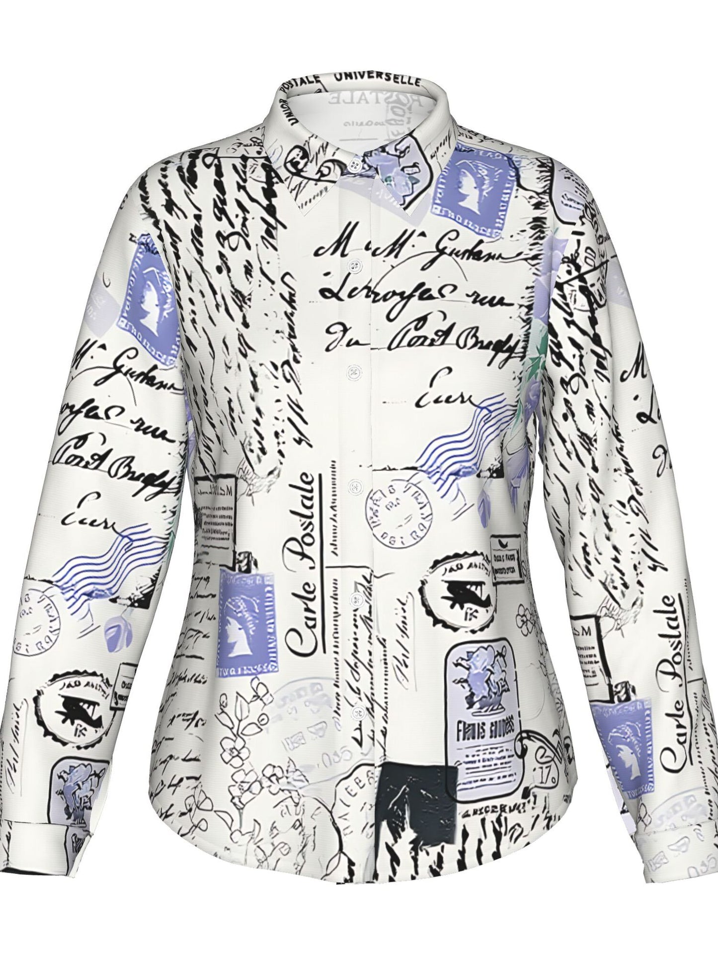 Women's French Inspired Postal Stamp Print Shirt Jacket Blouse