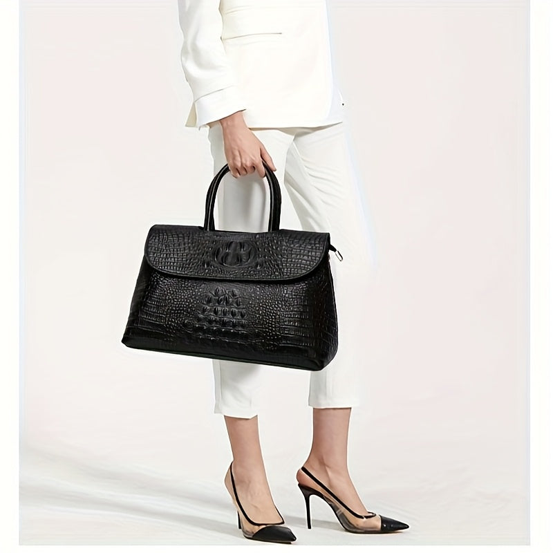 Luxury Crocodile Embossed Leather Handbag Tote With Buckle Closure