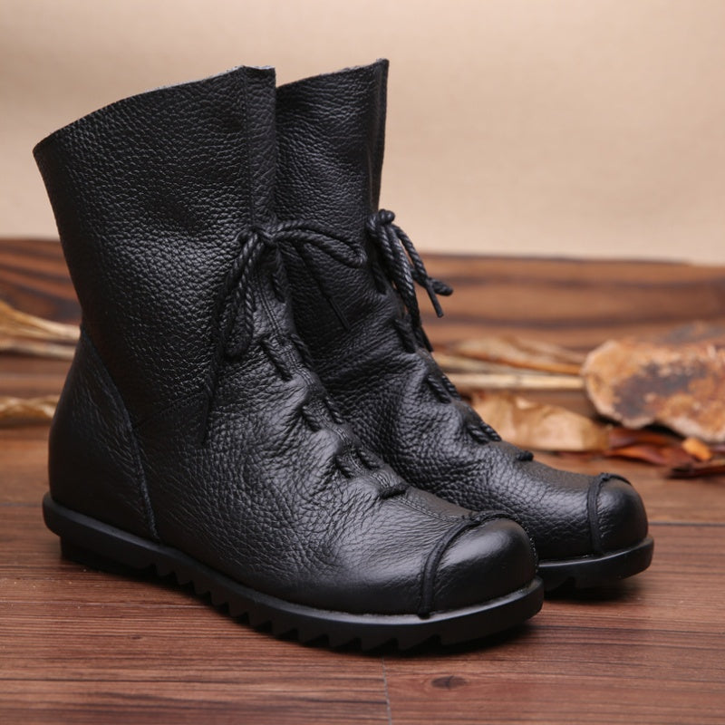 Women Genuine Leather Chunky Platform Ankle Boots Retro Lace Up Round Toe Western Style All Season Rubber Sole Zipper