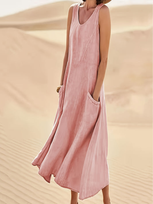 Cotton Linen Summer V Neck Sleeveless Long Dress For Women