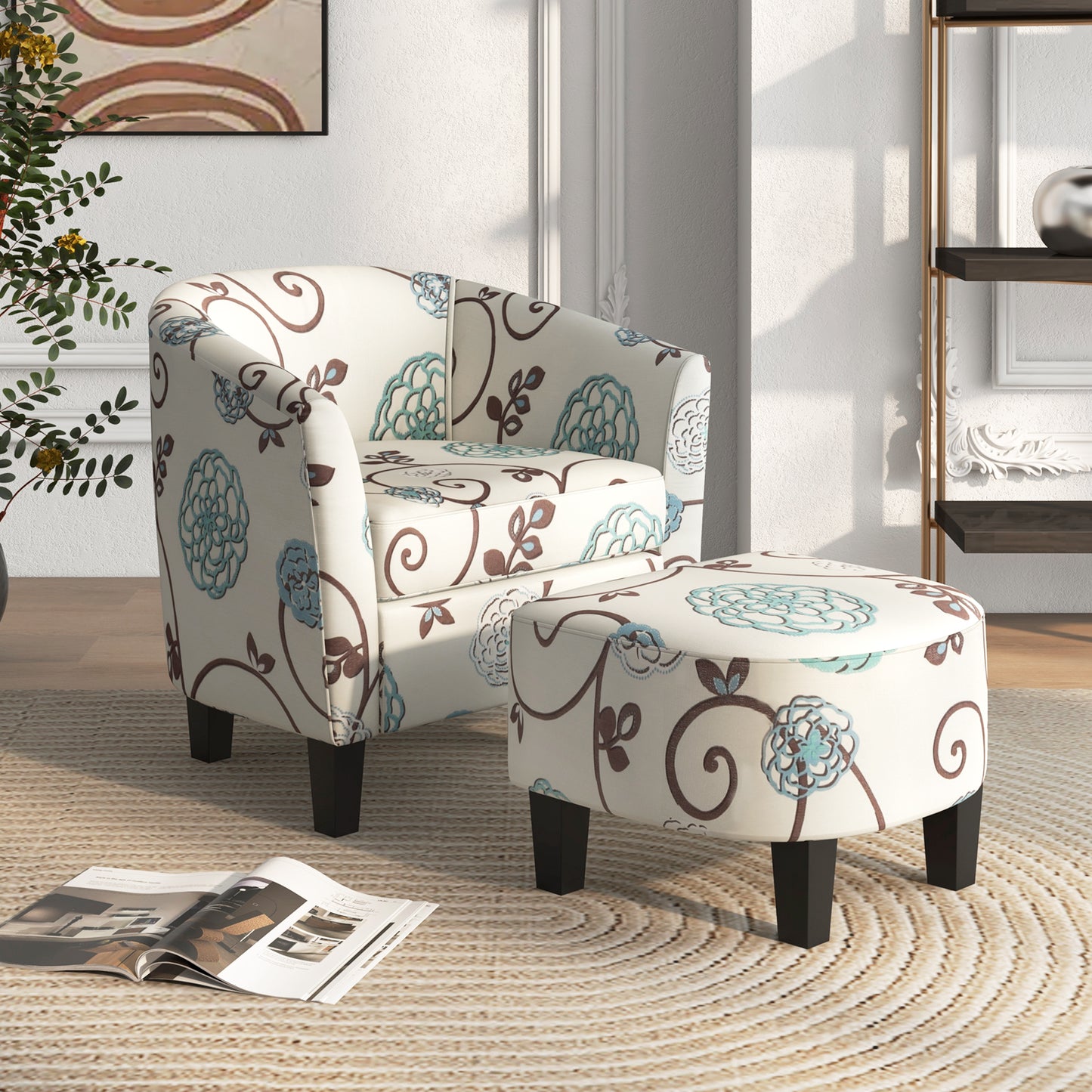 COSTWAY Accent Chair With Ottoman Modern Upholstered Barrel Chair With Footrest Living Room
